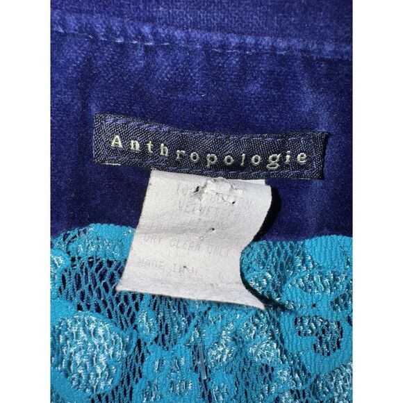 Anthropologie Small 34" Blue Navy Full Length Zip Velvet Coat Jacket Lace Inlay - Picture 7 of 10